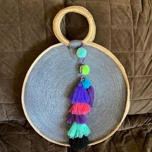 BOHO tribal handmade blue circle tote bag pom pom